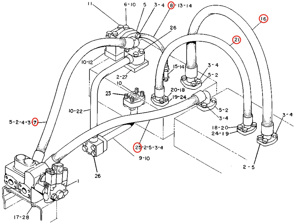 Caterpillar CAT®225D installation diagram showing hydraulic hose 8K-3219 at Pipe No. 21