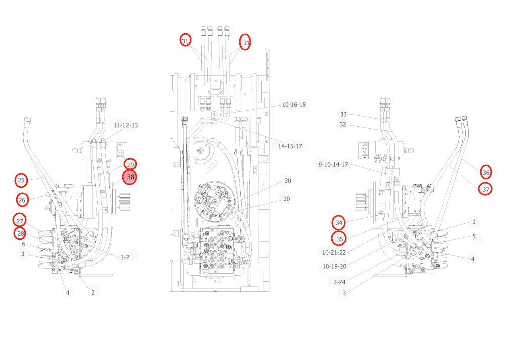 Sunward SWE150W installation diagram showing hydraulic hose 730504009043 at Pipe No. 38
