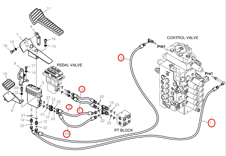 Doosan DX140LC-3 installation diagram showing hydraulic hose DS2120036 at Pipe No. 24