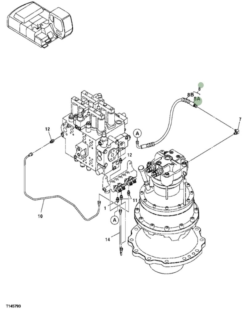 Hitachi ZX350F installation diagram showing hydraulic hose 9190851 at Pipe No. 8