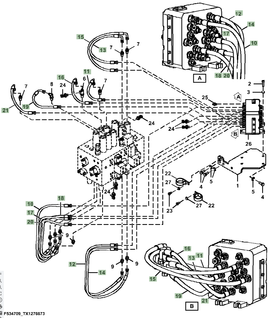 Hitachi ZX210LC-5A installation diagram showing hydraulic hose 4649405 at Pipe No. 19