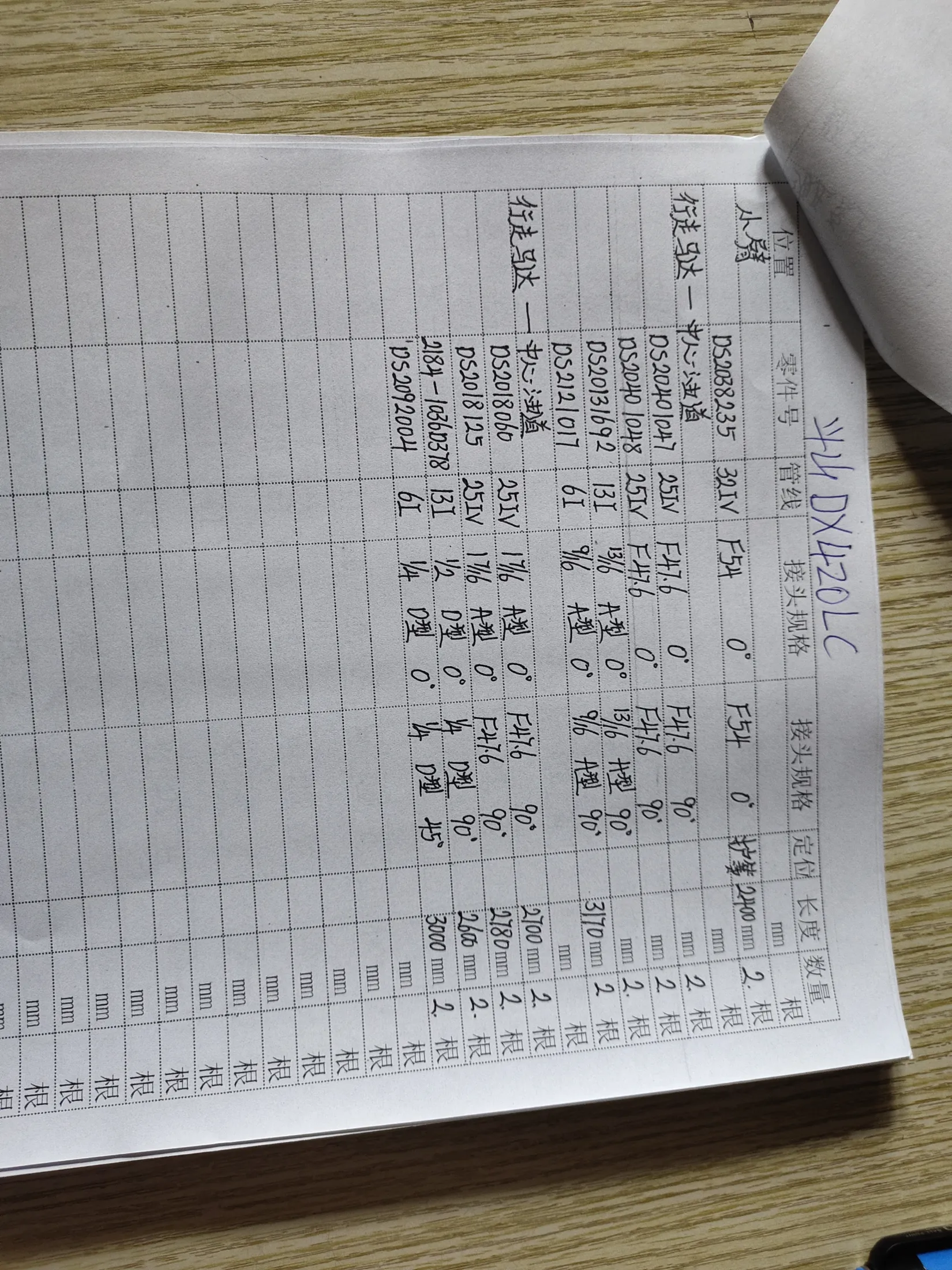 Doosan DH420LC hydraulic hose part numbers and recorded lengths — technician notebook page 2 of 5
