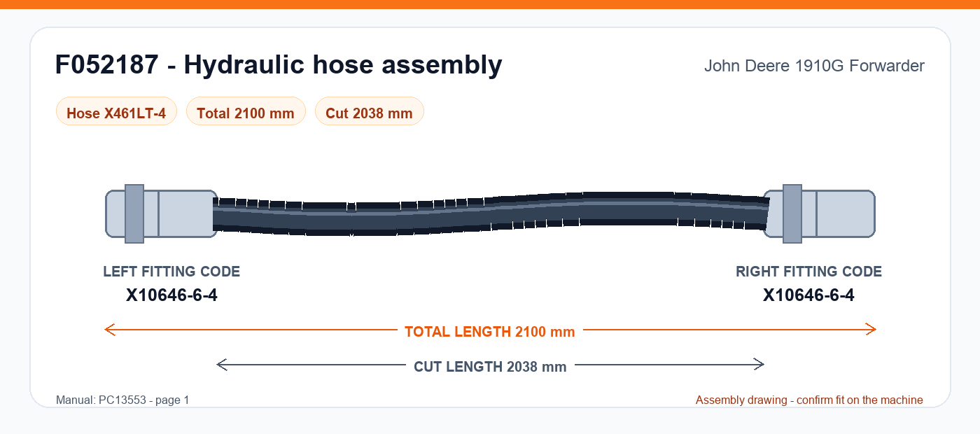 F052187 hydraulic hose assembly drawing for John Deere 1910G Forwarder - 2,100 mm total length, left fitting X10646-6-4, right fitting X10646-6-4