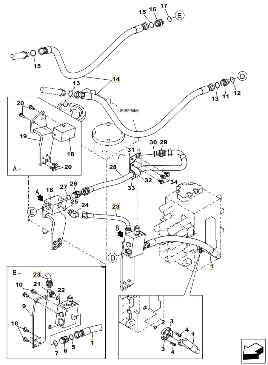 Case CX210C installation diagram showing hydraulic hose KRJ11540 at Pipe No. 23