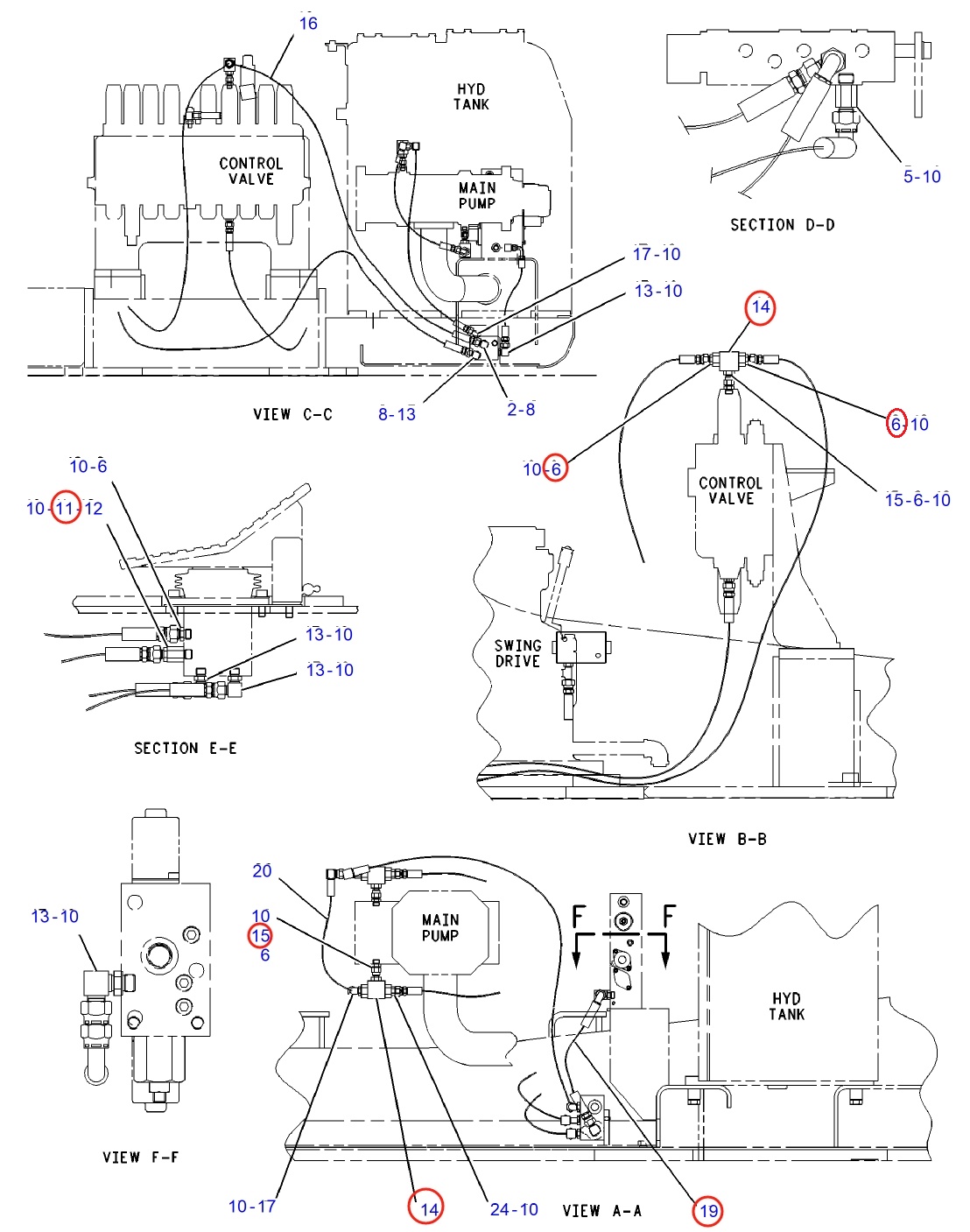 Caterpillar CAT®315-A installation diagram showing hydraulic hose 107-1591 at Pipe No. 11