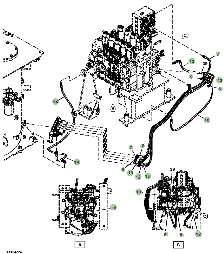 Hitachi ZX470LC-6 installation diagram showing hydraulic hose 4713494 at Pipe No. 10