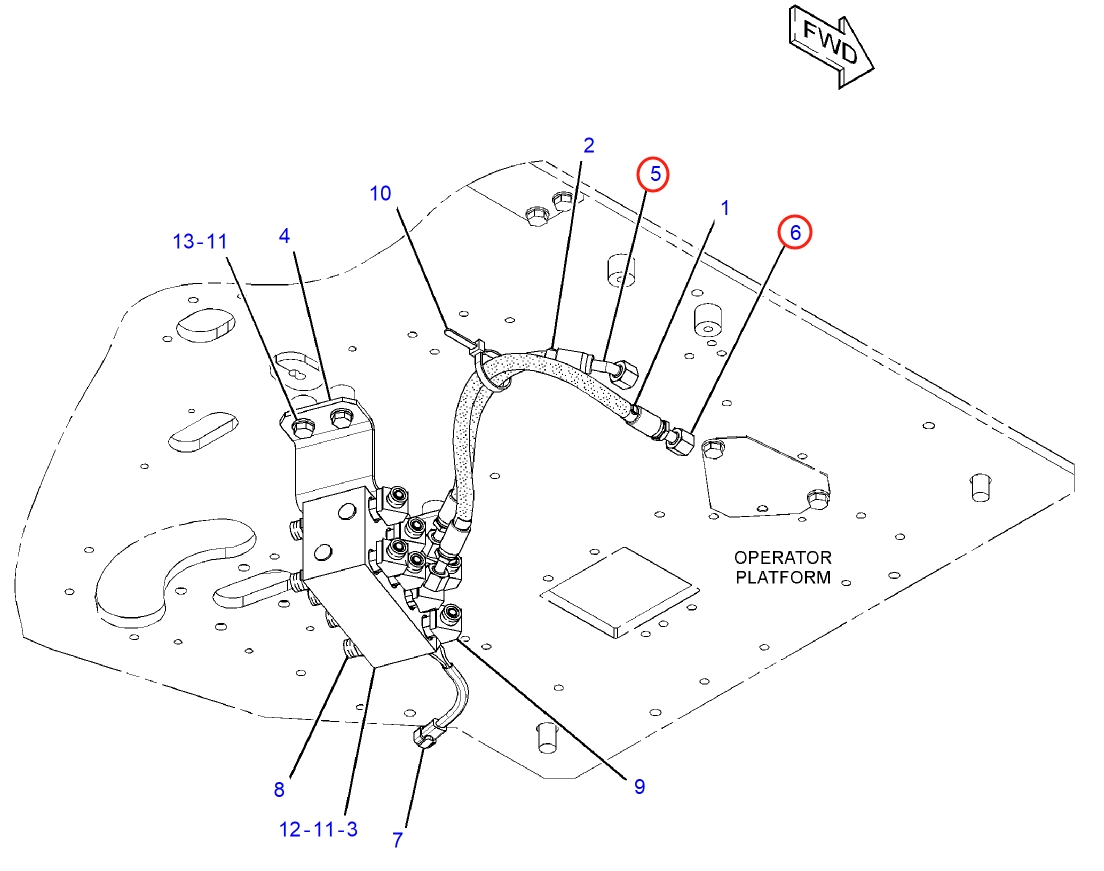 Caterpillar CAT®314D LCR installation diagram showing hydraulic hose 307-5103 at Pipe No. 6