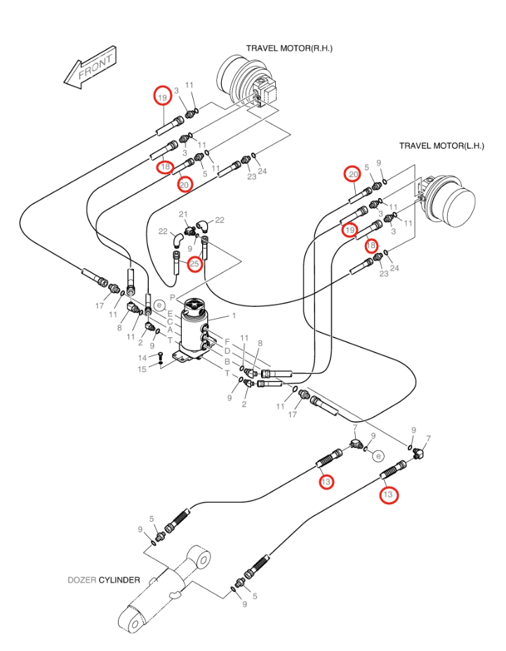 Doosan DX15 installation diagram showing hydraulic hose 2184-1060D237 at Pipe No. 19