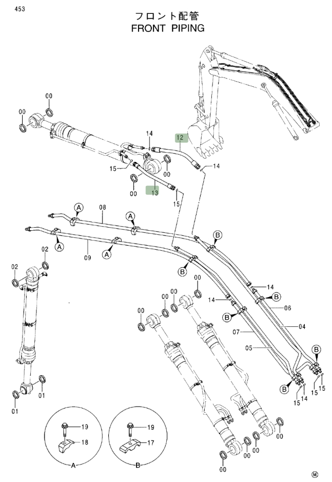 Hitachi EX330LC-5 installation diagram showing hydraulic hose 4345675 at Pipe No. 13