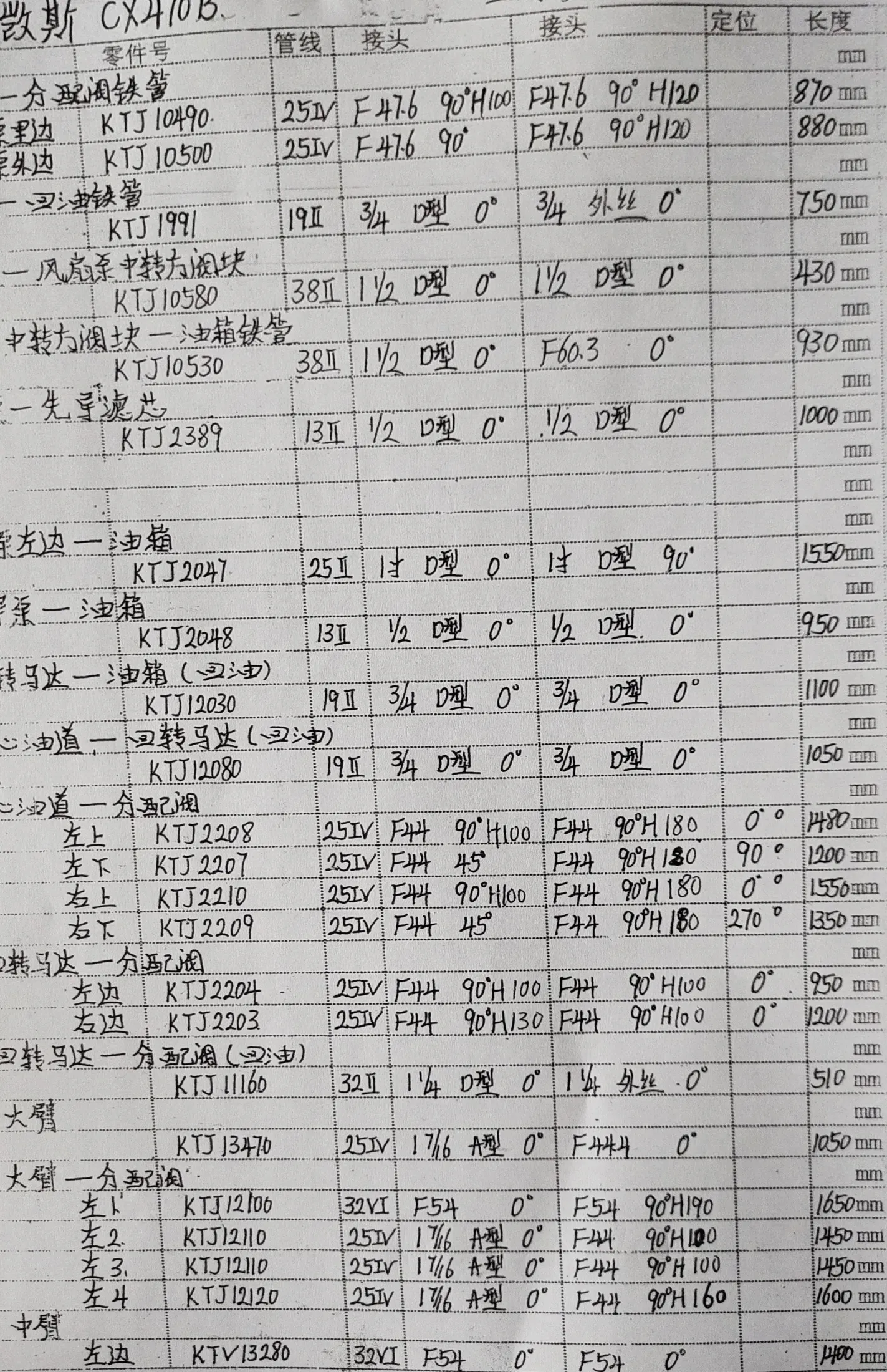 凯斯 CX470B hydraulic hose part numbers and recorded lengths — technician notebook page 1 of 4