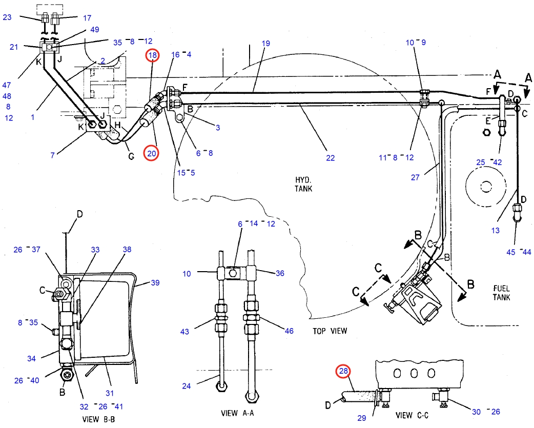 Caterpillar CAT®231D installation diagram showing hydraulic hose 7N-3761 at Pipe No. 20