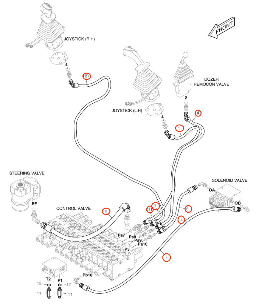 Doosan E57W installation diagram showing hydraulic hose DS2092062 at Pipe No. 1