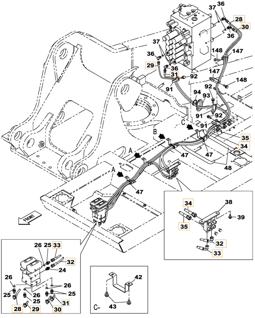 Case CX210C NLC installation diagram showing hydraulic hose KHJ2248 at Pipe No. 29