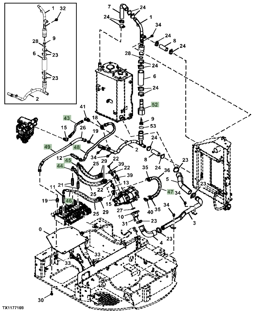 Hitachi ZX26U-5N installation diagram showing hydraulic hose 4668145 at Pipe No. 43