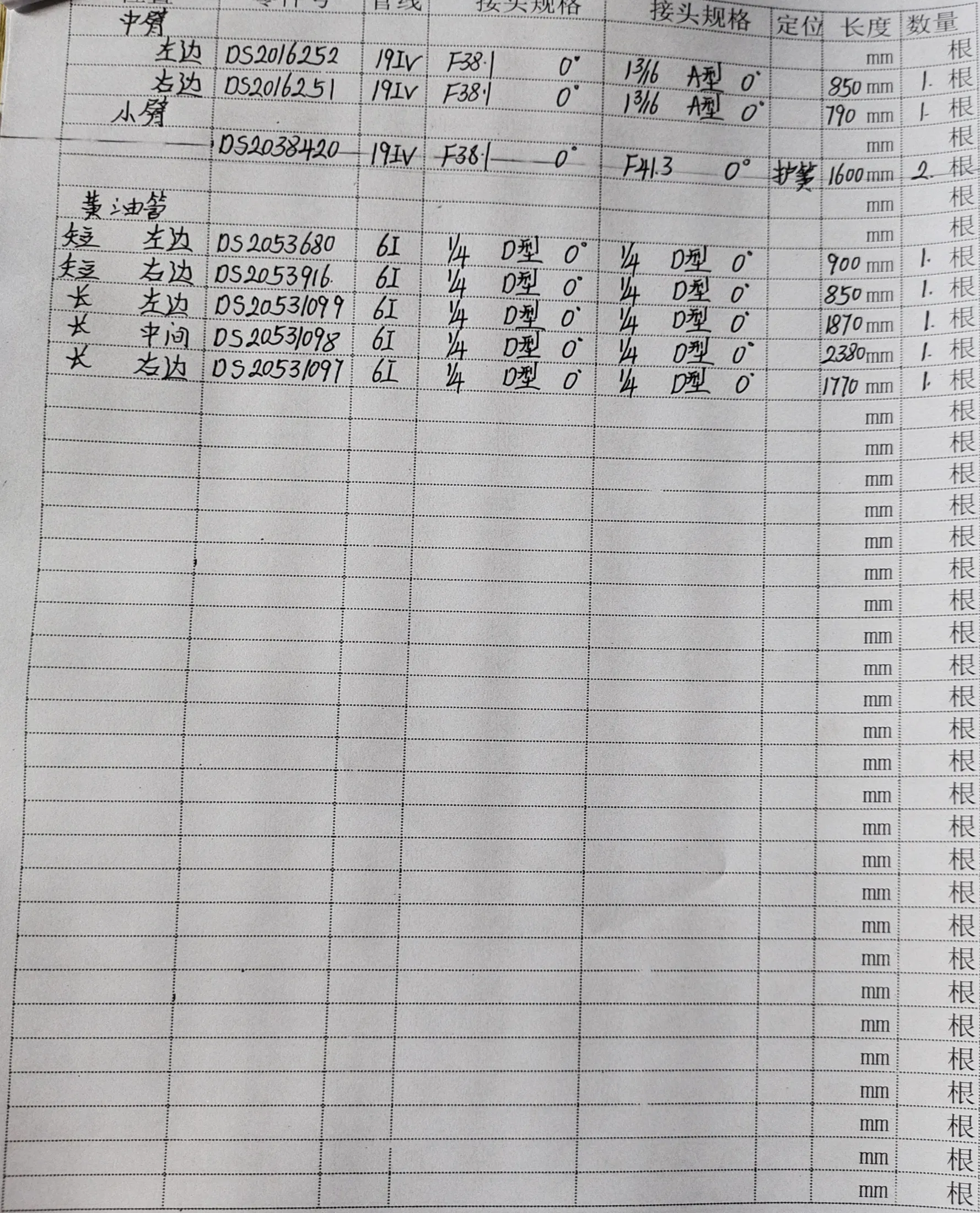 斗山 DX150LC-9C hydraulic hose part numbers and recorded lengths — technician notebook page 2 of 5