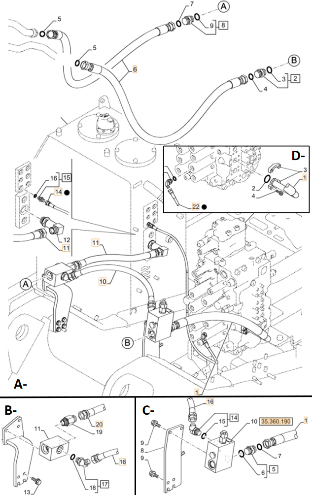 Case CX250E LC installation diagram showing hydraulic hose KRJ11540 at Pipe No. A10-C16