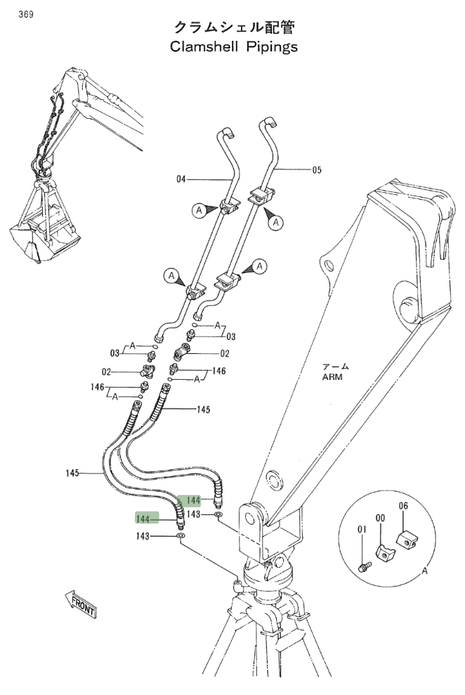 Hitachi EX200LC-2 installation diagram showing hydraulic hose 4288439 at Pipe No. 144