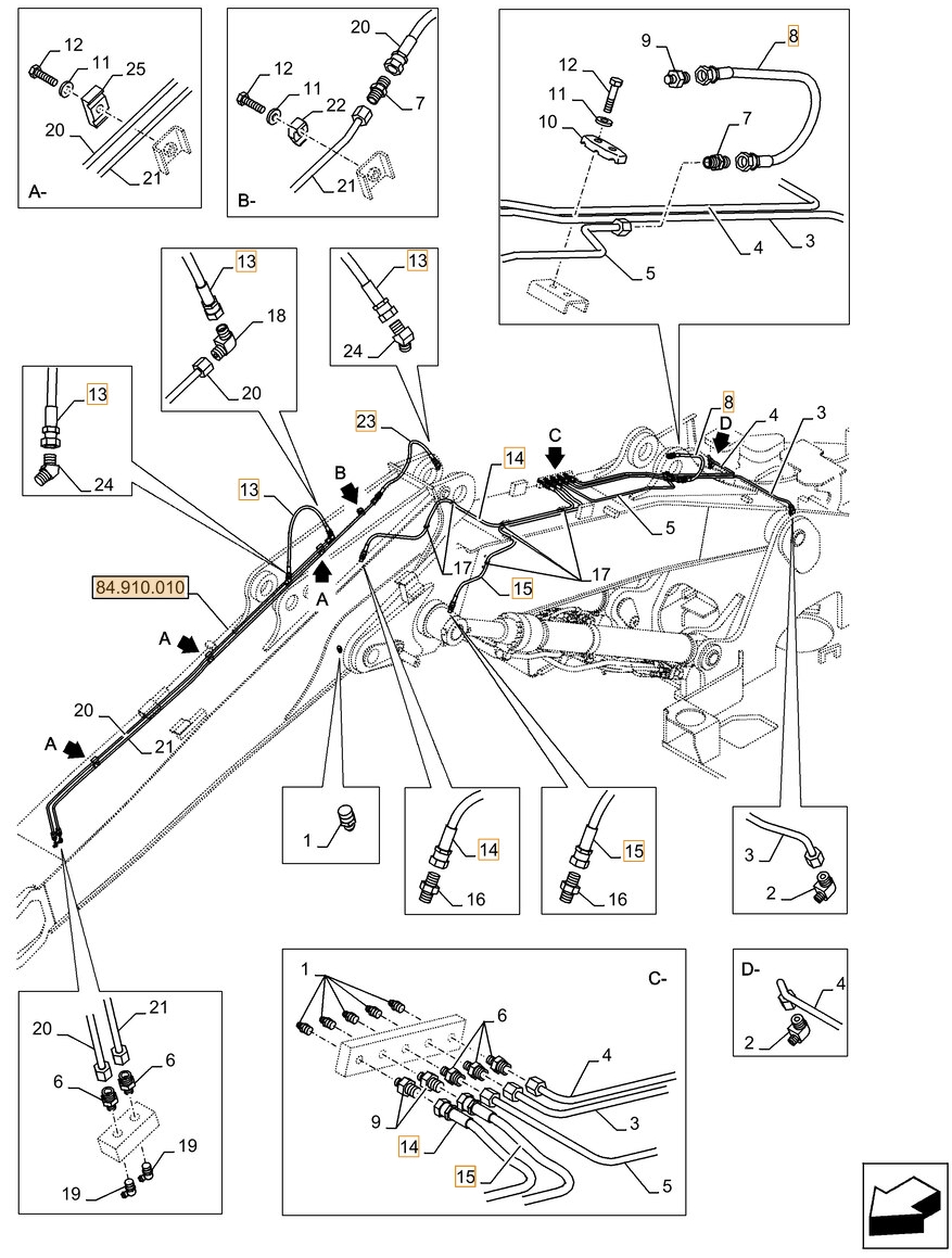 Case CX145D SR 2PB installation diagram showing hydraulic hose KHJ2394 at Pipe No. 23