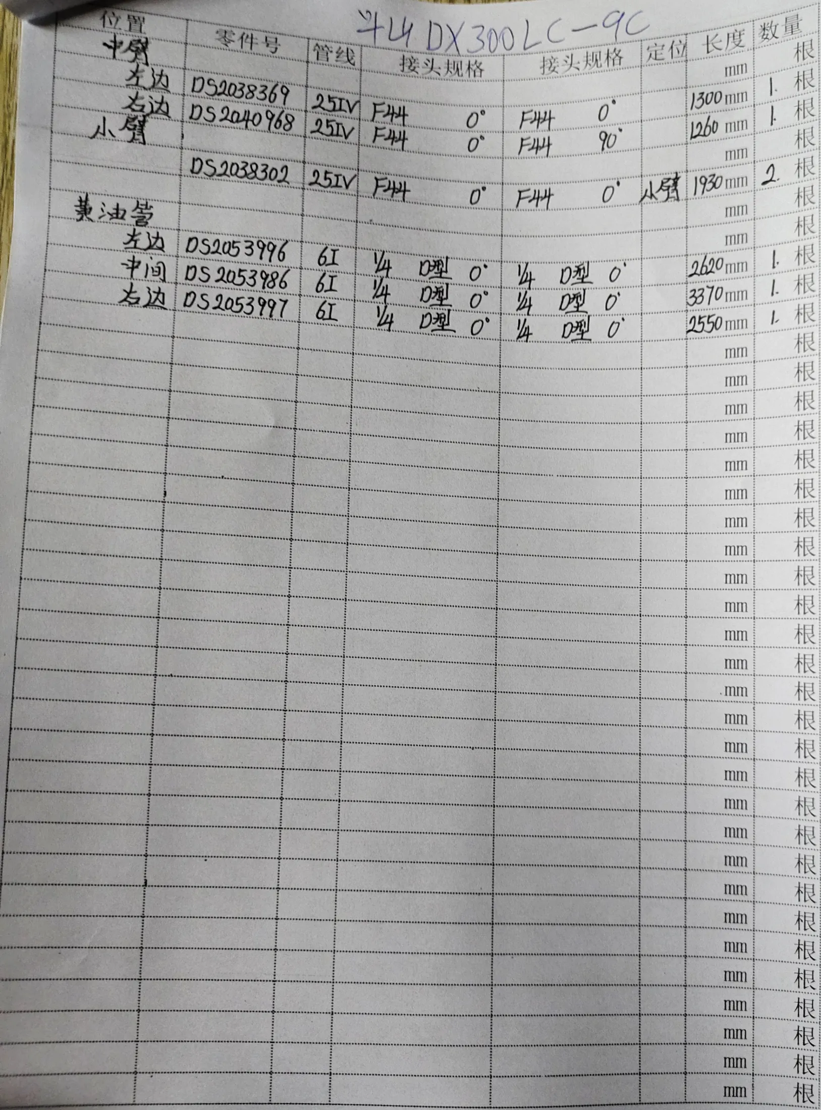 Doosan DX300LC-9C hydraulic hose part numbers and recorded lengths — technician notebook page 2 of 5