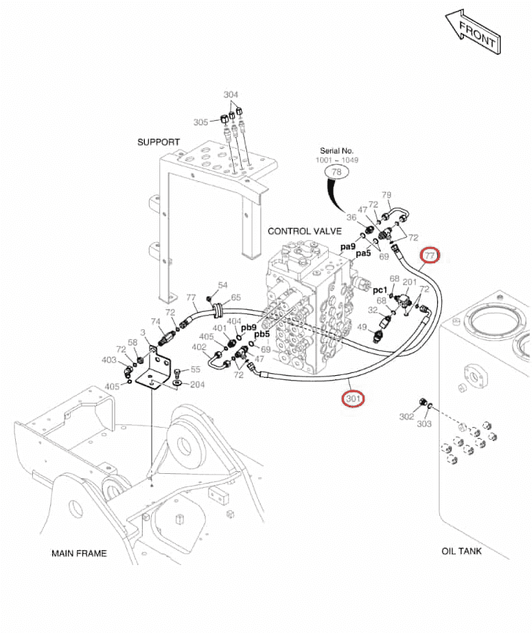 Doosan DX140LCR-5 installation diagram showing hydraulic hose DS2011037 at Pipe No. 77