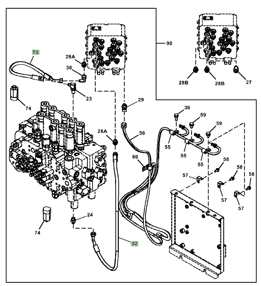 Hitachi ZX200LC-3 installation diagram showing hydraulic hose 4453063 at Pipe No. 73