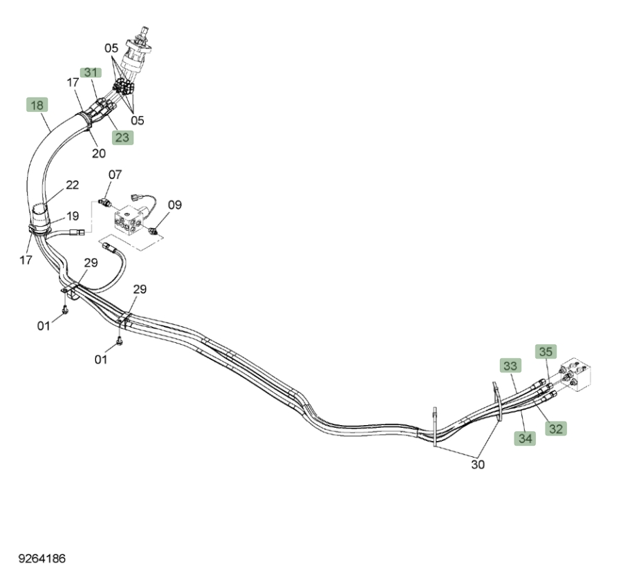 Hitachi ZX190W-3 installation diagram showing hydraulic hose 9280172 at Pipe No. 34