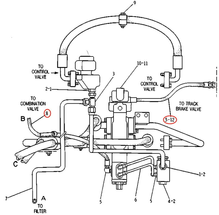 Caterpillar CAT®215 installation diagram showing hydraulic hose 5C-6616 at Pipe No. 8