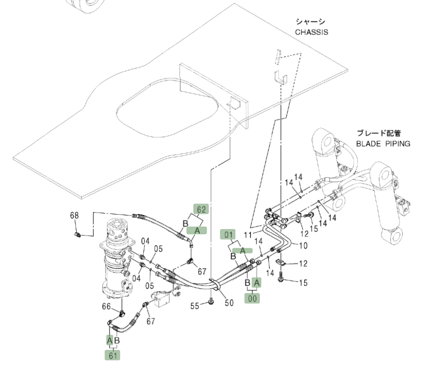 Hitachi ZX180W installation diagram showing hydraulic hose 4473367 at Pipe No. 62A