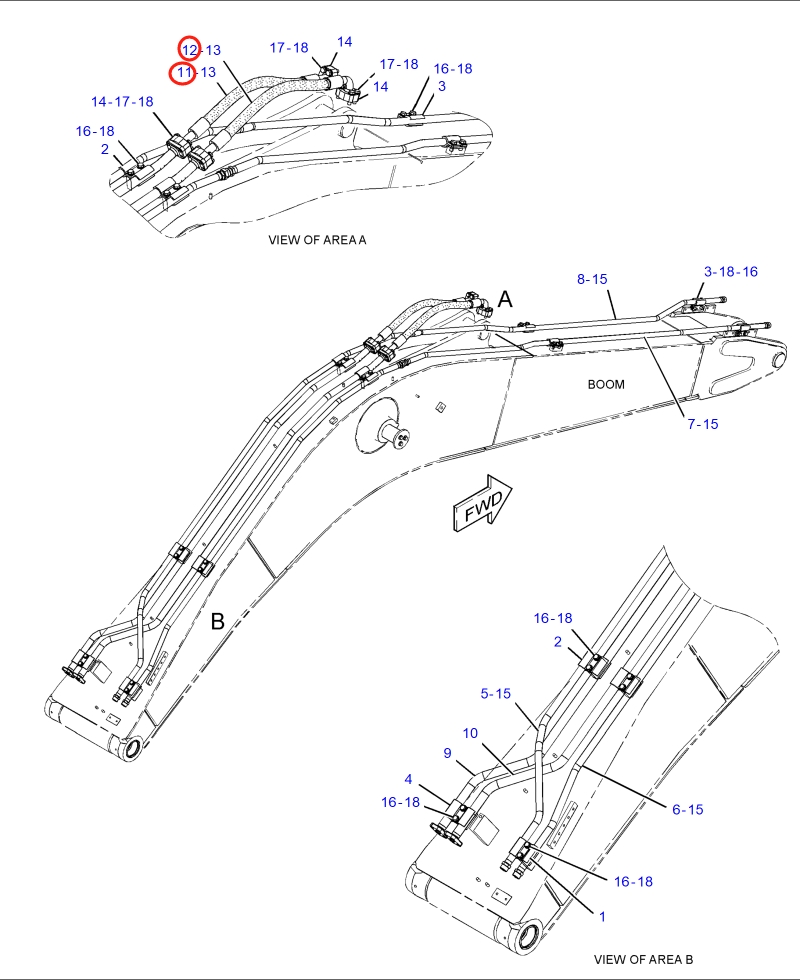 Caterpillar CAT®316E L installation diagram showing hydraulic hose 372-9692 at Pipe No. 11