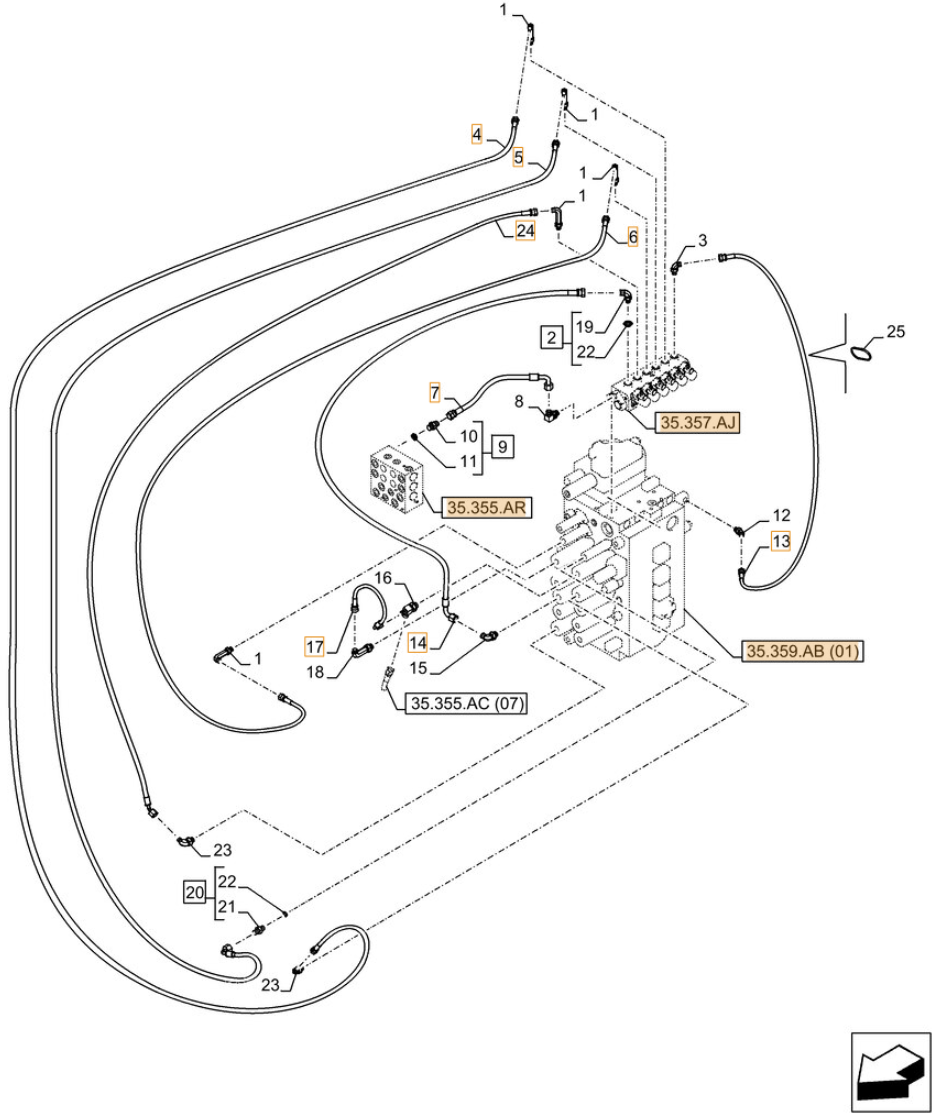 Case CX250D LC LR installation diagram showing hydraulic hose KHJ2342 at Pipe No. 17