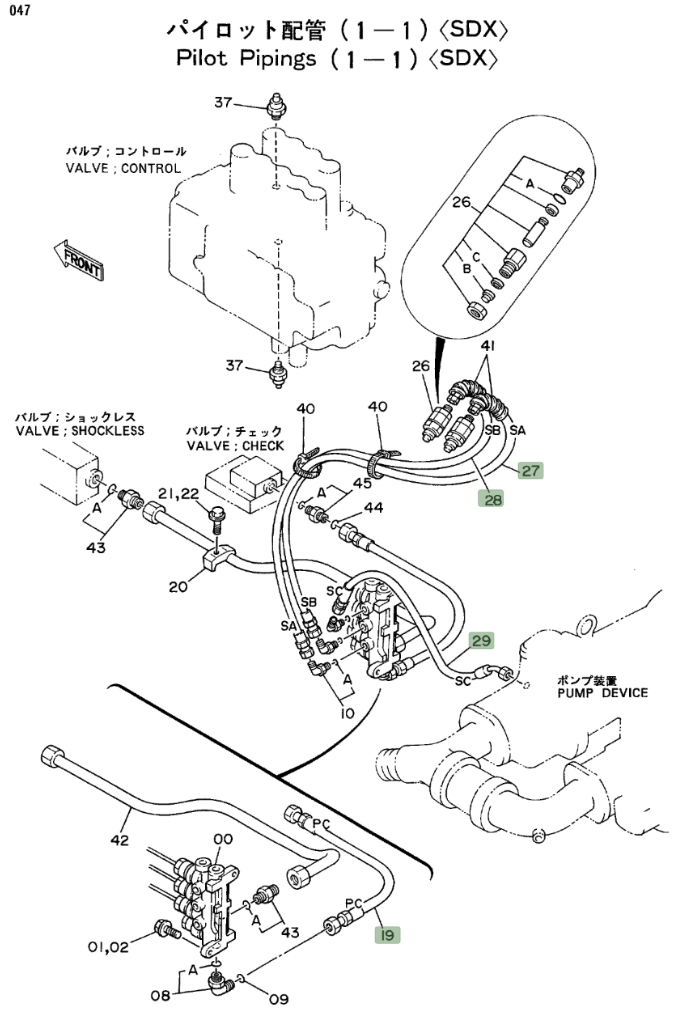 Hitachi EX270LC installation diagram showing hydraulic hose 4203102 at Pipe No. 29