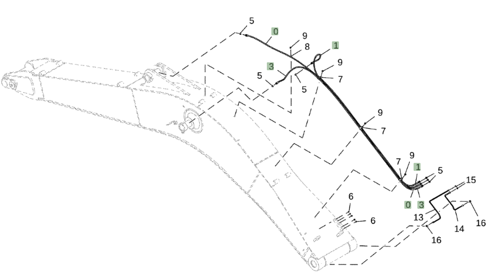 Hitachi ZX250LC-5N installation diagram showing hydraulic hose 4631052 at Pipe No. 0