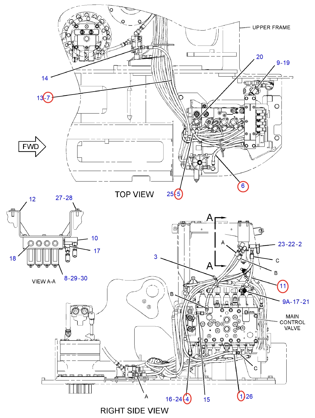 Caterpillar CAT®314E LCR installation diagram showing hydraulic hose 221-4807 at Pipe No. 7