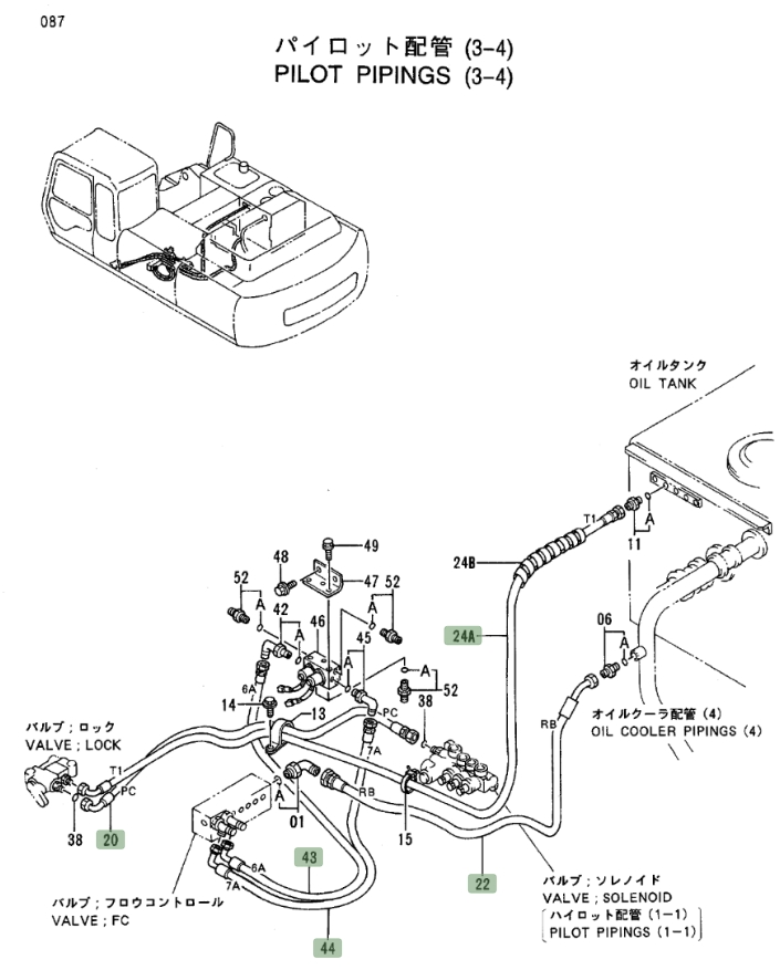 Hitachi EX300LC-3 installation diagram showing hydraulic hose 4313713 at Pipe No. 22