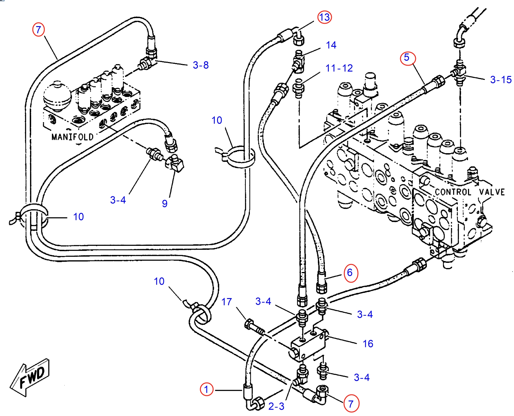 Caterpillar CAT®312B L installation diagram showing hydraulic hose 7I-0196 at Pipe No. 5