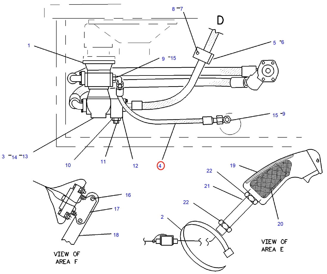 Caterpillar CAT®225D installation diagram showing hydraulic hose 6W-4640 at Pipe No. 4