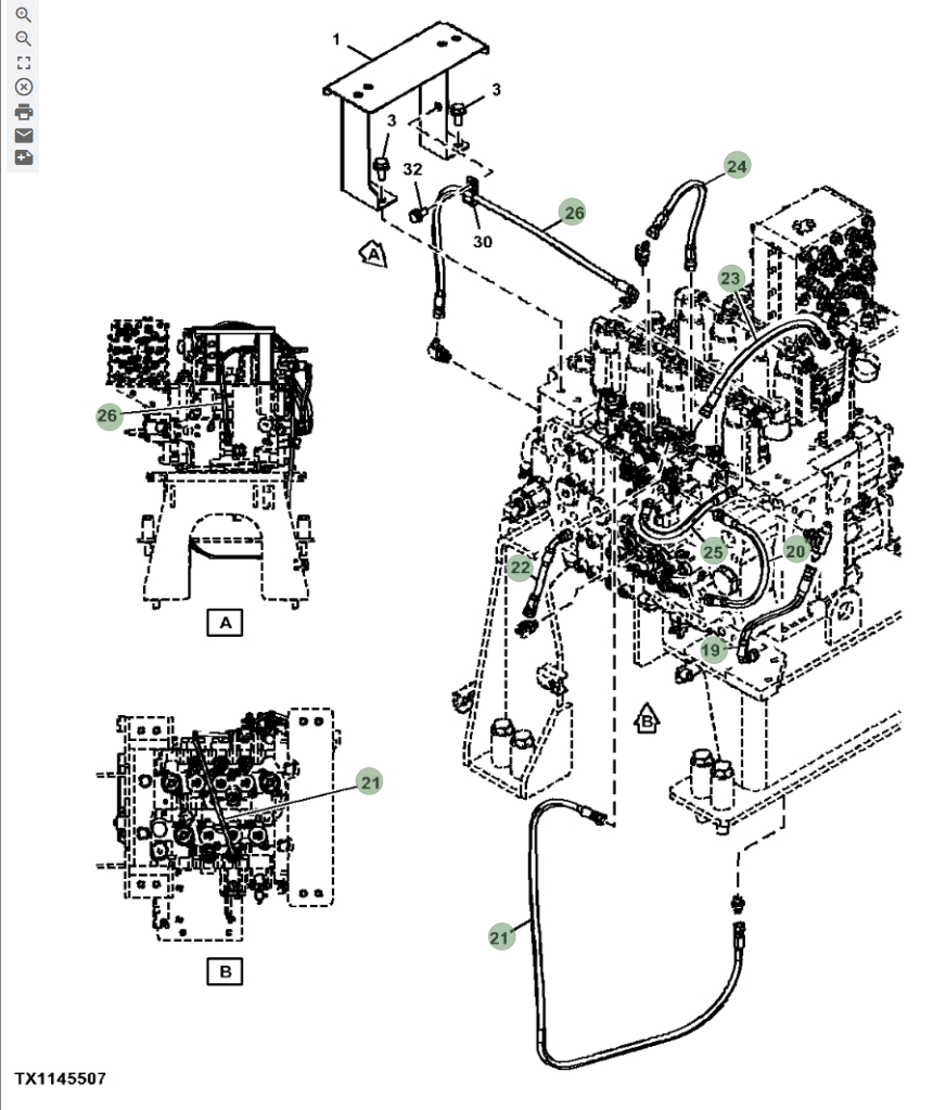 Hitachi ZX670LC-5G installation diagram showing hydraulic hose 4713500 at Pipe No. 19