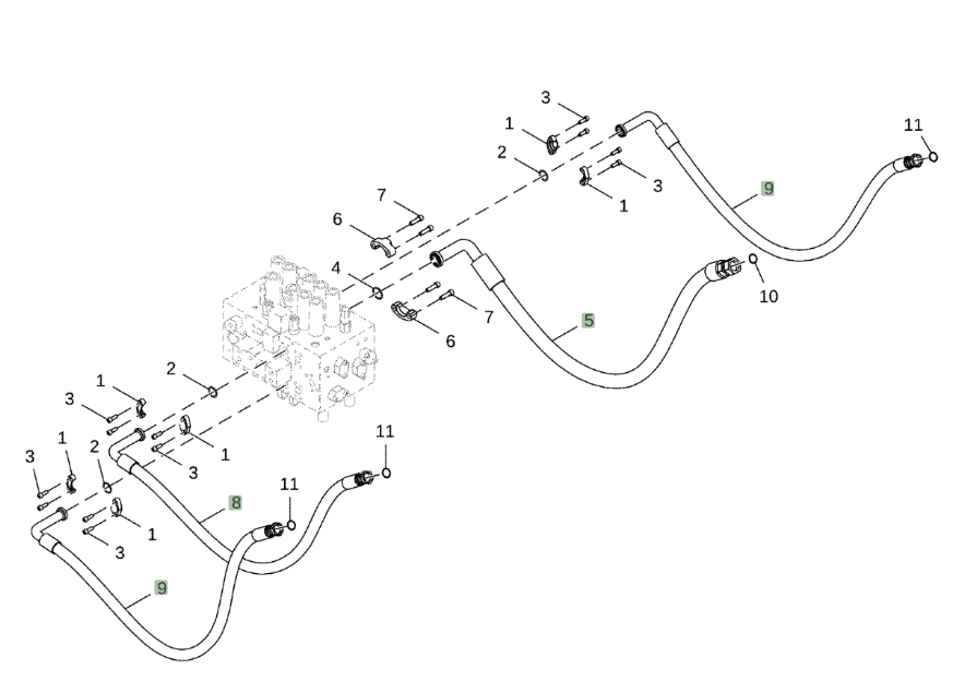 Hitachi ZX350LC-5N installation diagram showing hydraulic hose 9263974 at Pipe No. 9