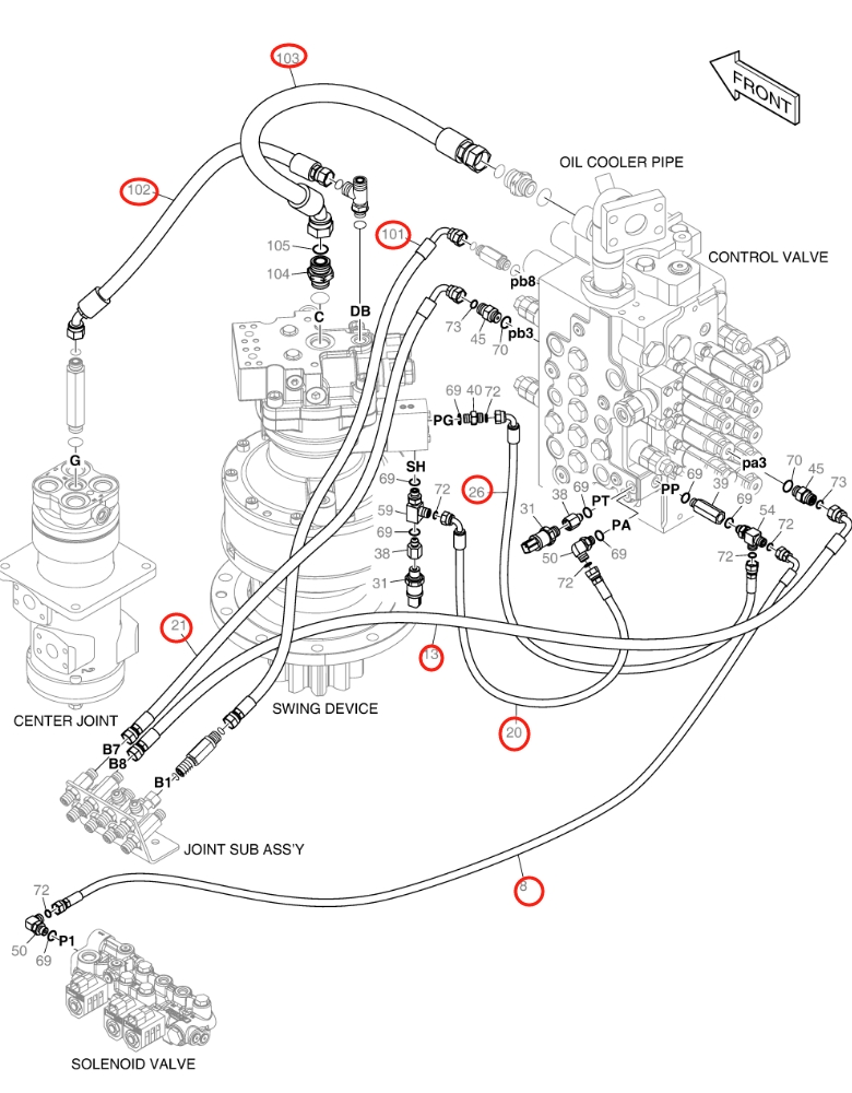 Doosan DX160LC-5 installation diagram showing hydraulic hose DS2121164 at Pipe No. 20