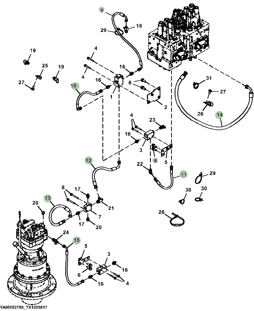 Hitachi ZX130-6N installation diagram showing hydraulic hose 4438515 at Pipe No. 13