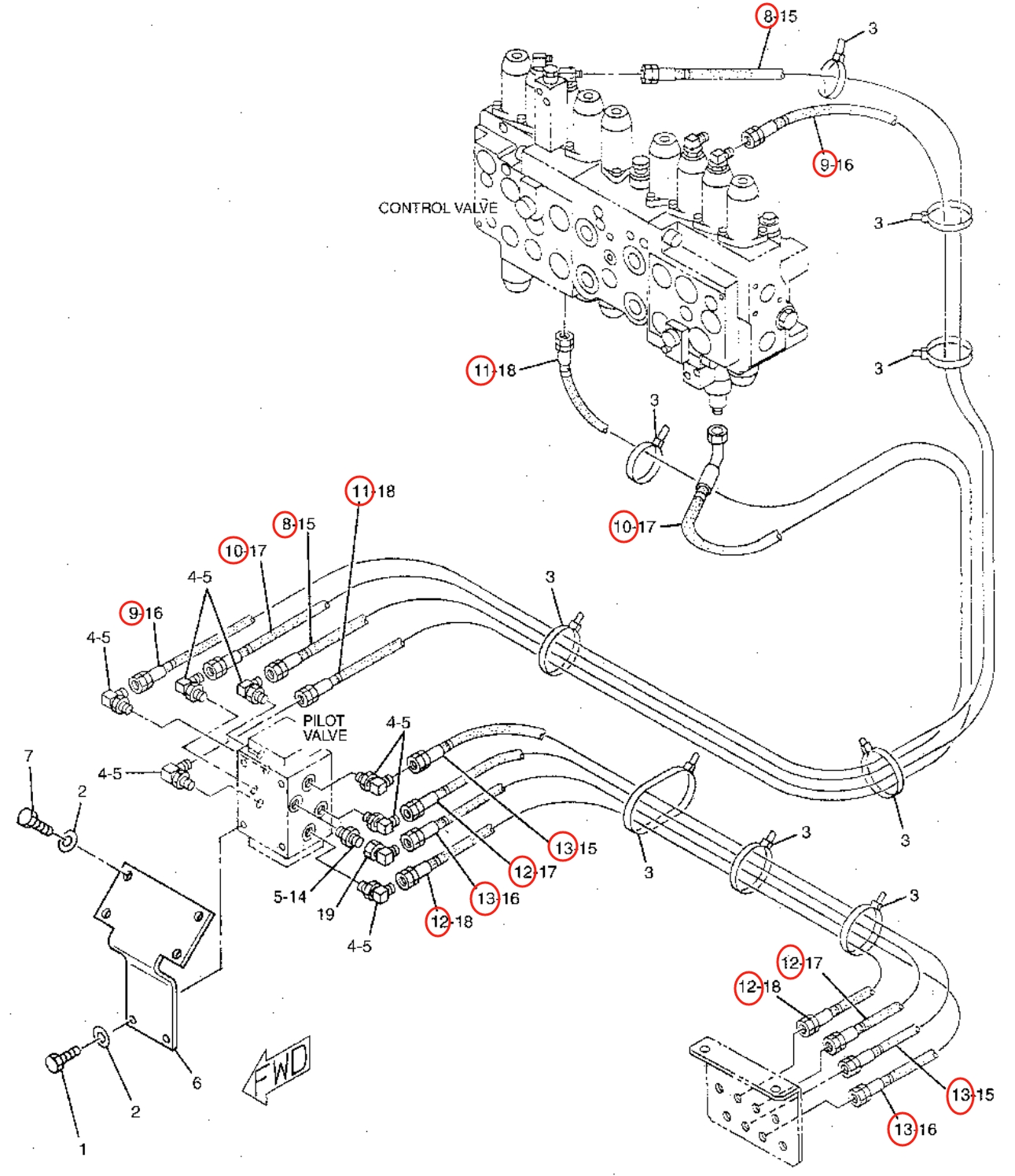 Caterpillar CAT®315B L installation diagram showing hydraulic hose 4I-1419 at Pipe No. 8
