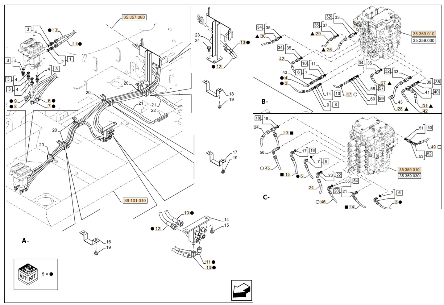 Case CX130E LC installation diagram showing hydraulic hose KHJ2344 at Pipe No. A7-B3