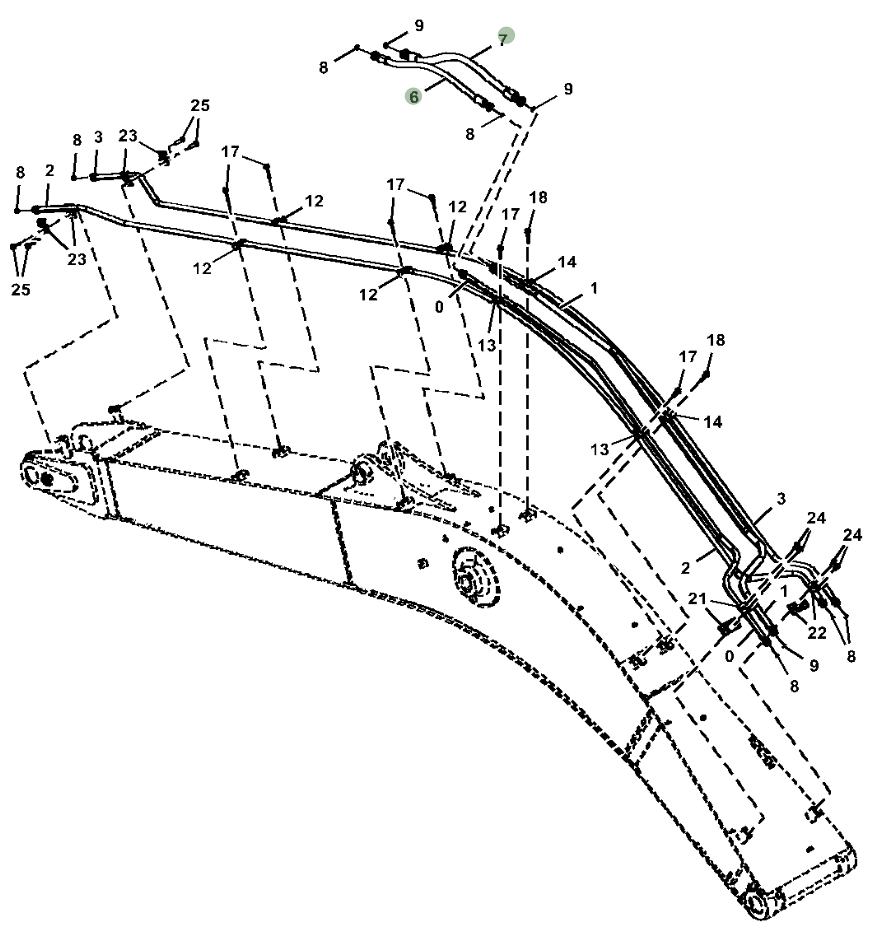 Hitachi ZX230W-5N installation diagram showing hydraulic hose 4676587 at Pipe No. 7