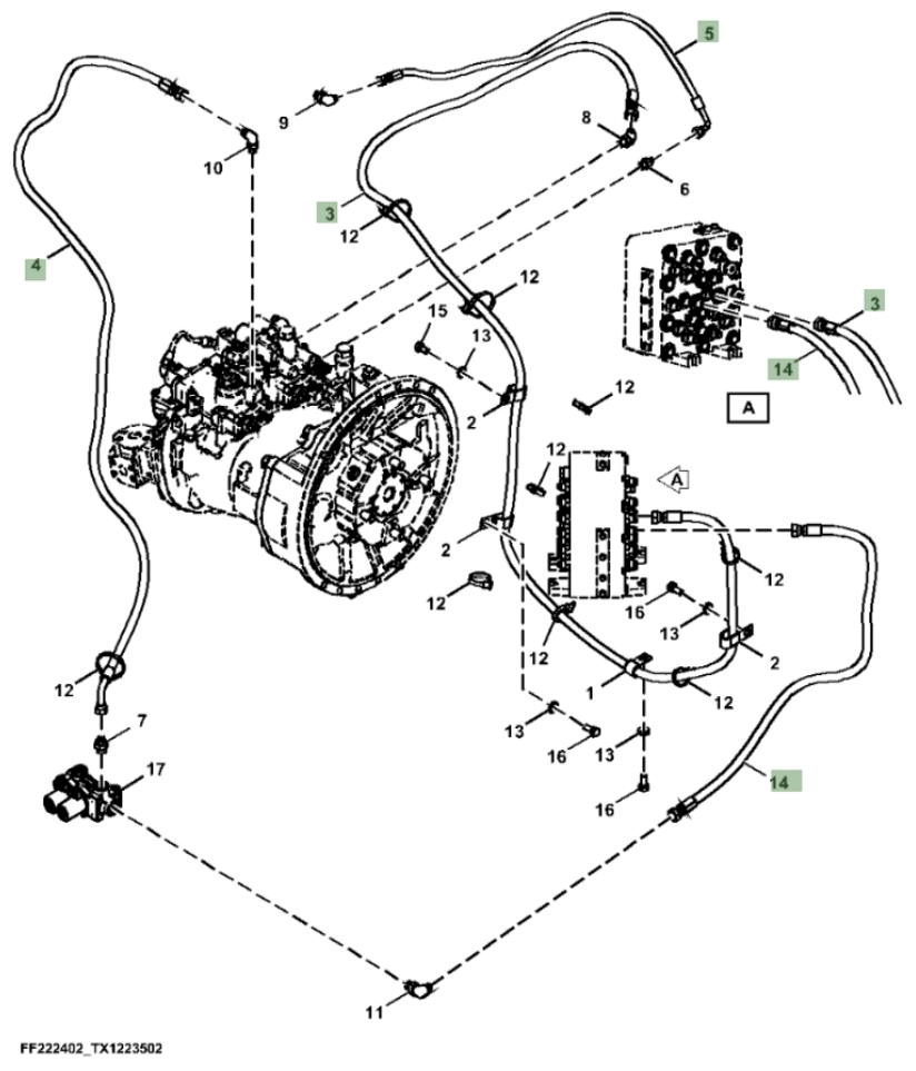 Hitachi ZX210FLC-FE-6N installation diagram showing hydraulic hose 4650515 at Pipe No. 3