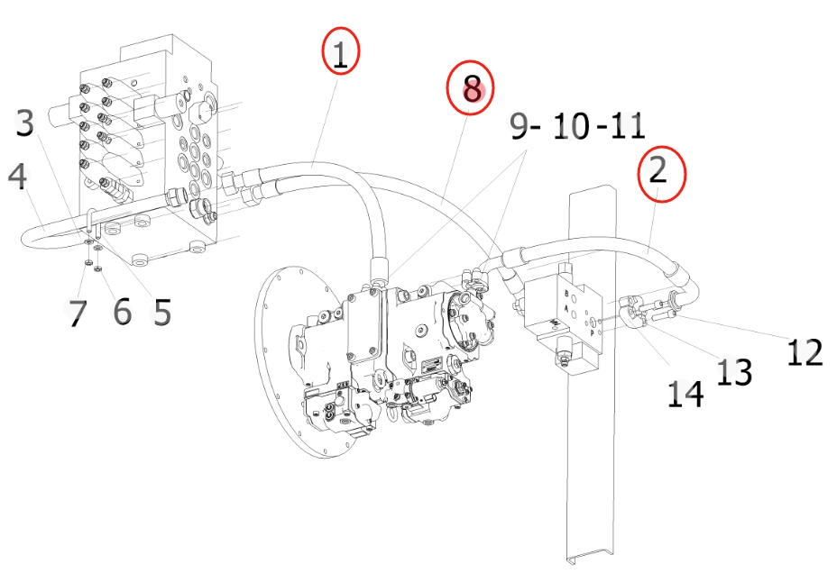 Sunward SWE155F installation diagram showing hydraulic hose 730501005428 at Pipe No. 1