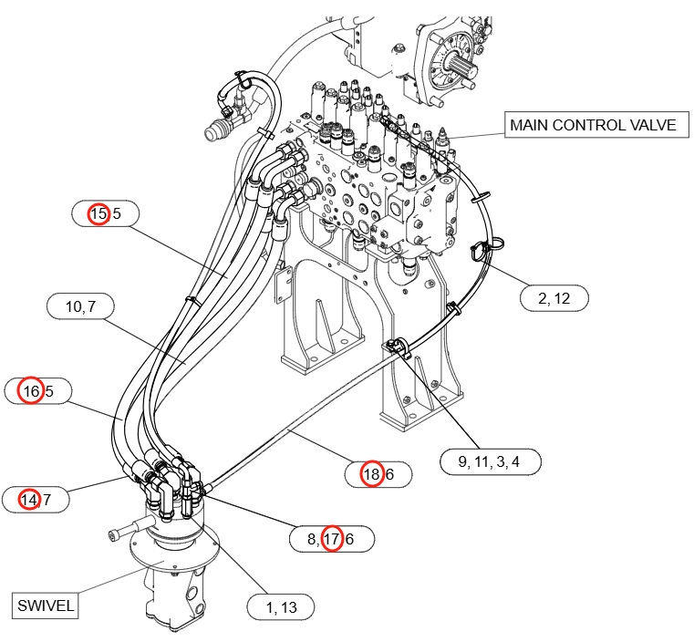 Caterpillar CAT®317 installation diagram showing hydraulic hose 595-0261 at Pipe No. 18