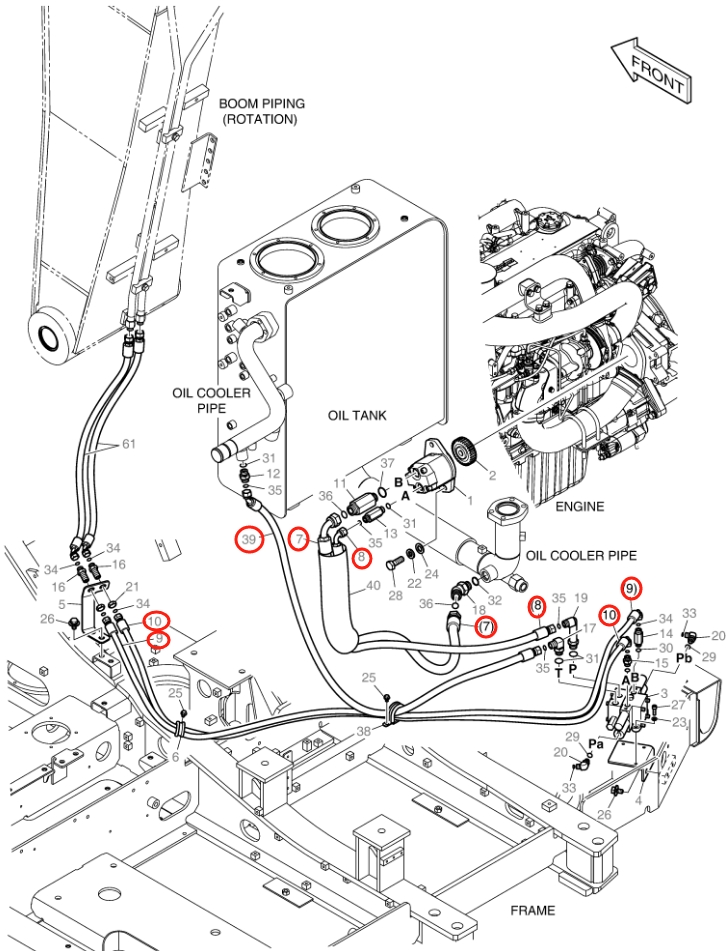 Doosan DX140LC-3 installation diagram showing hydraulic hose DS2012424 at Pipe No. 39