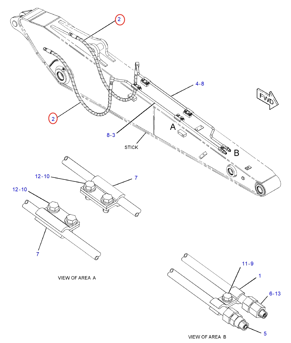 Caterpillar CAT®312D2 L installation diagram showing hydraulic hose 277-1251 at Pipe No. 2