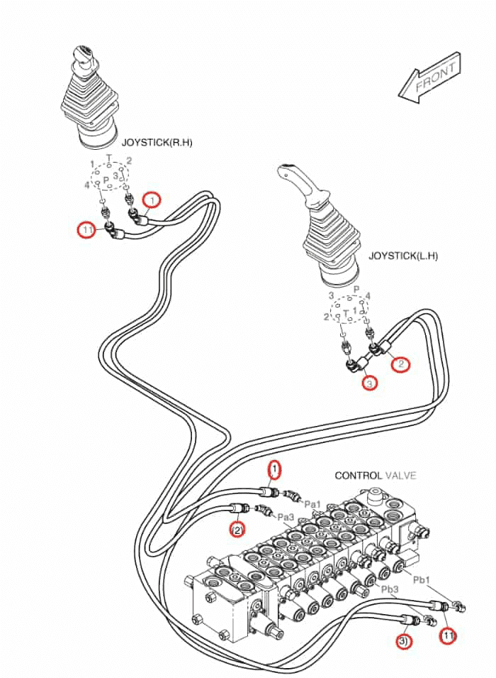Doosan DX80R installation diagram showing hydraulic hose DS2093182 at Pipe No. 3