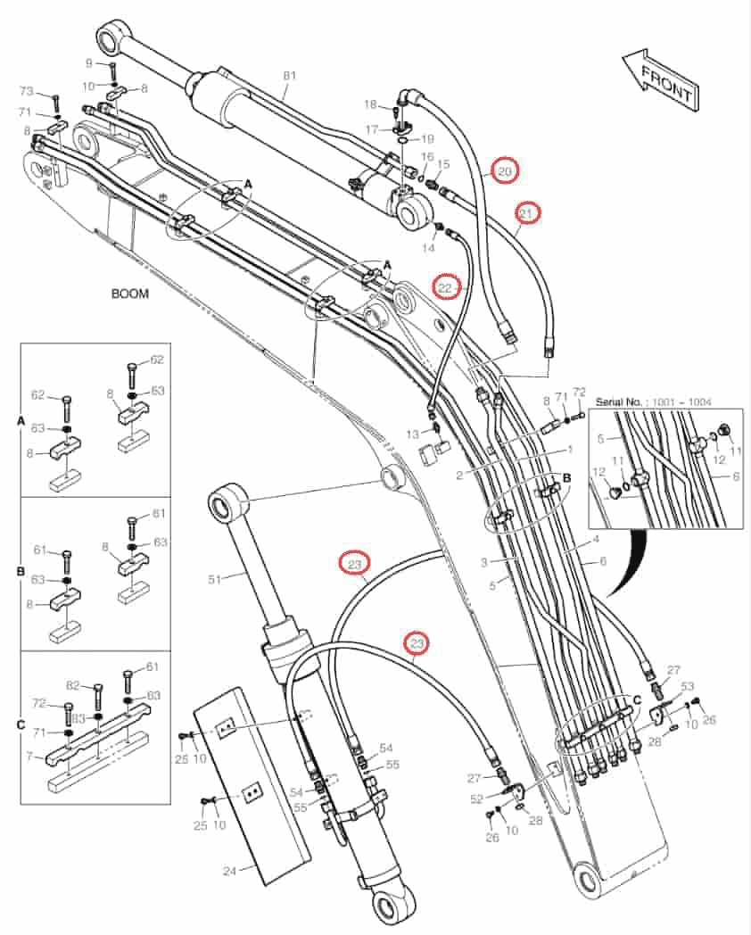 Doosan DX85R-3 installation diagram showing hydraulic hose DS2053831 at Pipe No. 21